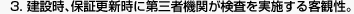 3. 建設時、保証更新時に第三者機関が検査を実施する客観性。