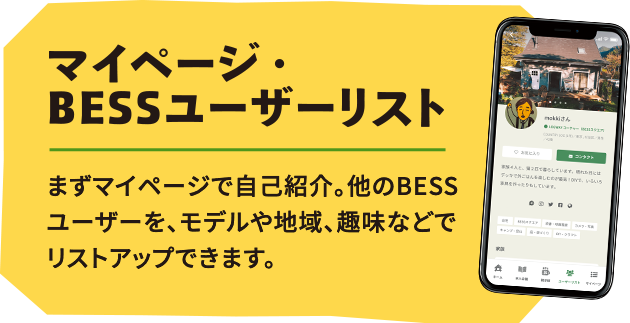 マイページ・BESSユーザーリスト まずマイページで自己紹介。他のBESSユーザーを、モデルや地域、趣味などでリストアップできます。